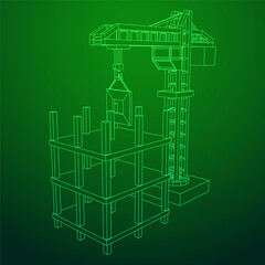 Construction crane tower. Building under construction industrial concept. Wireframe low poly mesh vector illustration.
