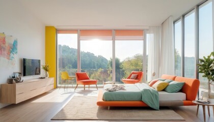 Modern bedroom with harmonious bright colors