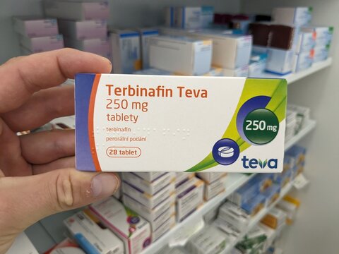 Prague, Czech Republic - July 9 2024: TERBINAFIN TEVA box of medication with terbinafine active substance by Teva, used for treatment of fungal infections.
