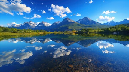 Obraz premium A tranquil landscape featuring a mountain range reflected in a calm lake, with a clear blue sky and a few fluffy clouds, capturing the serene and majestic beauty of nature