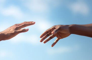 Two Hands Reaching Out to Each Other Signifying Connection and Support Against a Clear Blue Sky