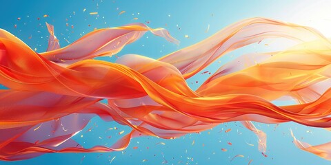A background vector illustration of red and orange ribbons flying in the air, with clear sky blue background, low angle shot, bright colors, smooth curves, soft edges. Generative AI.