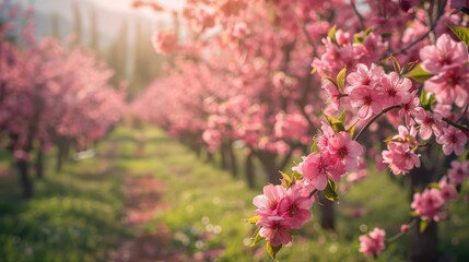 Obraz premium Picturesque orchard with blossoming peach trees in spring, vibrant pink flowers covering the landscape.