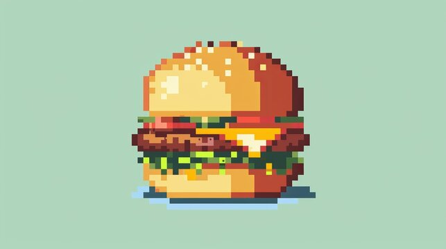 Pixel art icon of a burger, reminiscent of vintage 80s and 90s arcade games.

