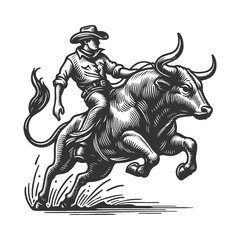 thrilling action of a rodeo cowboy expertly riding a bucking bull sketch engraving generative ai fictional character raster illustration. Scratch board imitation. Black and white image.