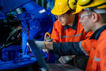 engineers check control heavy machine robot arm. Diverse Team of Industrial Robotics Engineers Gathered Around Machine. Professional Machinery Operators repair electric robot on bright digital panel.