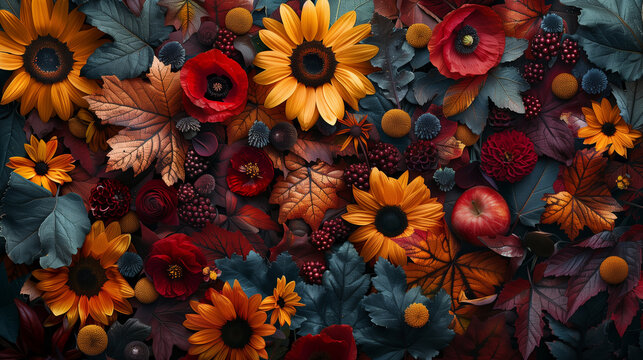beautiful and luxurious flowers background, poppies, sunflowers, daisies, viburnum, apple flowers, oak leaves, multi-colored ribbons, with raspberries, lingonberries, blueberries and strawberries - Powered by Adobe
