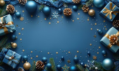 christmas banner mockup,copy space flat lay gift boxes blue decorations balls confetti over blue background