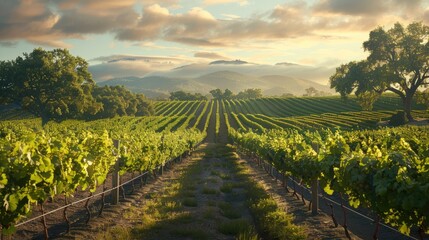 Fototapeta premium Picturesque vineyard with grapevines stretching out into the horizon, ripe grapes glistening in the sun.