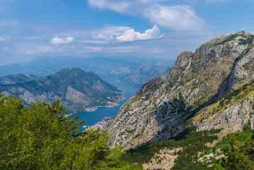 View of the Kotor Bay from a mountain Lovcen on a sunny day with a haze