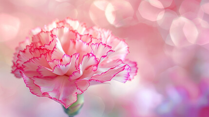 pink and white carnation flower, close up photo of a beautiful carnations flower, depth of field, macro shot, detailed and vivid, with bokeh background