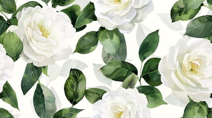 Vintage-inspired design with white camellia flowers and green foliage in a seamless watercolor pattern