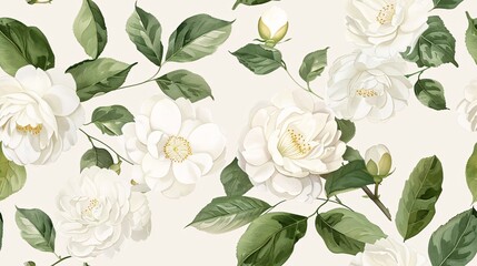 Hand-painted white camellias and leaves in an elegant, continuous pattern with a vintage feel
