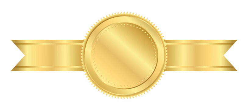 Gold medal winner with orizontal ribbons ,medals Golden Gradient Badge circle Realistic Vector with Decorations for winner sports awards , medallions for champion, anniversary or jubilee celebration