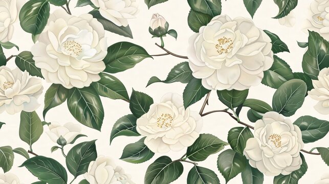 Hand-painted white camellias and leaves in an elegant, continuous pattern with a vintage feel
