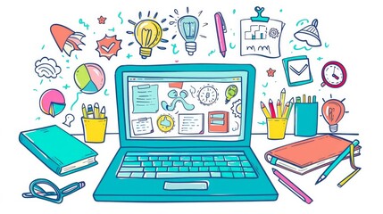 A laptop showing an e-learning video call, surrounded by study materials.

