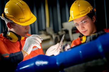 engineers check control heavy machine robot arm. Diverse Team of Industrial Robotics Engineers Gathered Around Machine. Professional Machinery Operators repair electric robot on bright digital panel.