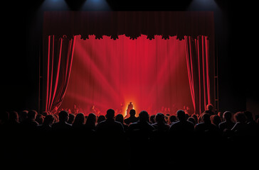 Audience Watching a Live Performance on Stage with Red Curtains and Dramatic Lighting in Theater