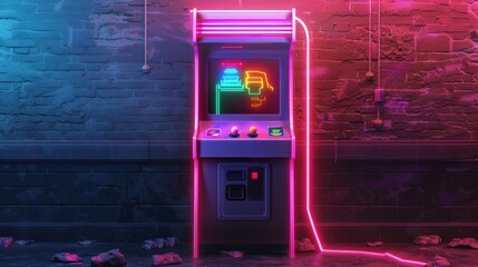 A vibrant neon illustration of a classic arcade game machine.

