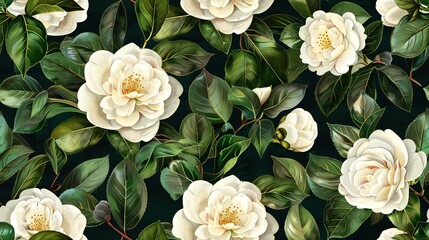 Timeless white camellia flowers and leaves in a seamless watercolor pattern with a luxurious touch