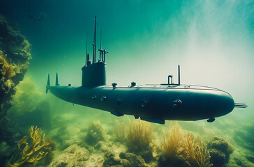 An underwater military submarine