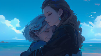 Pride month. Senior mature lesbian couple laughing, hug, anime