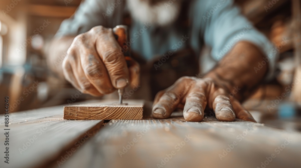 Poster a detailed shot of a carpenter's hands using tools to meticulously create a wooden project on a tabl