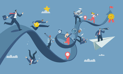 Business competition, Opportunities or pursuit of success , Competition of skills or abilities to be successful in career or work, Many business people run on the business paths going up and down.