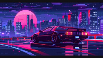 Fototapeta premium A pixelated cyberpunk race game in a retro 8-bit style.