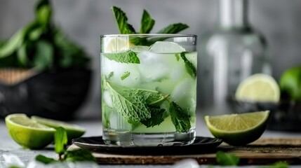 An enticing cocktail garnished with mint leaves and ice, served in a simple glass with a cut lime in the background, evoking a fresh and rejuvenating drink experience.