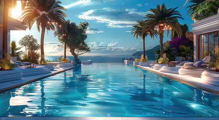 Obraz premium Elegant luxurious pool party, no people, beautiful peaceful, fun, happy. Generative AI.