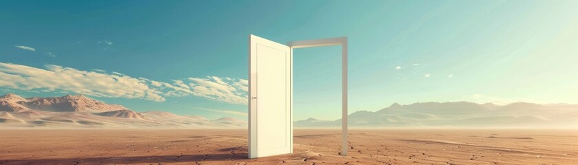 Simple door opening to vast desert expanse, limitless opportunities, startup exploration