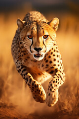 Majestic Cheetah in Full Sprint with Intense Focused Gaze and Dynamic Motion Across the Golden Savanna Landscape