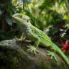 Fototapeta premium vibrant green lizard perched on a moss-covered rock in a lush tropical rainforest
