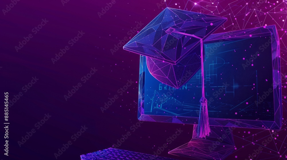 Poster a computer screen with a graduation cap symbolizes online learning and virtual graduation.