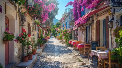 Fototapeta premium A beautiful street in a french village, restaurants, bougainvillea, sunny, summer. Generative AI.