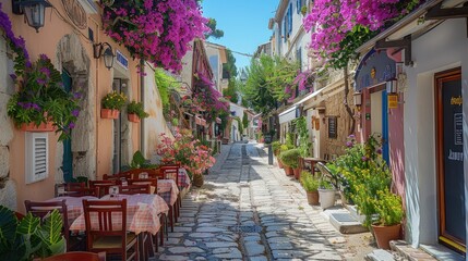 Obraz premium A beautiful street in a french village, restaurants, bougainvillea, sunny, summer. Generative AI.