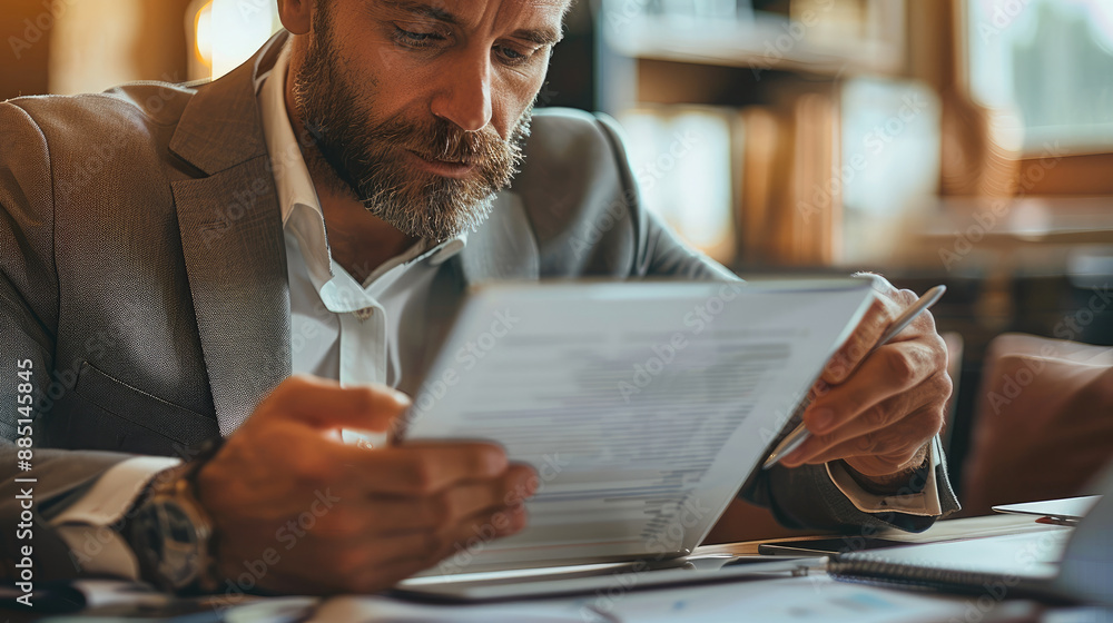 Canvas Prints A businessman sitting at a clean desk, intently focused on a tablet. Generative AI.