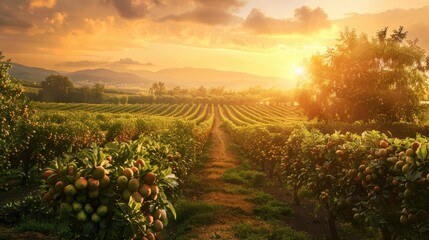 Fototapeta premium Serene fruit farm with plum trees bearing ripe plums, set against a vibrant sunset.