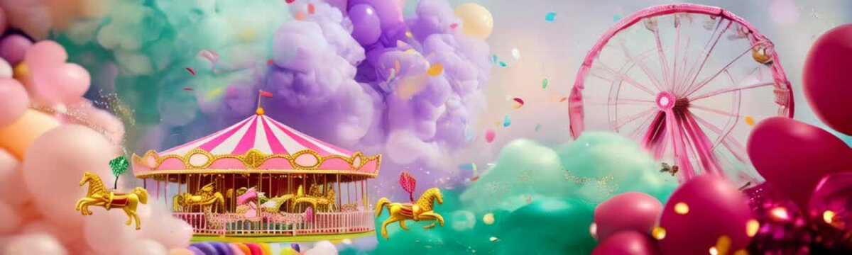 Easter greeting card web banner. Decorated Easter eggs against carnival scene with ferris wheel and colorful carousel background. Spring holiday copy space background