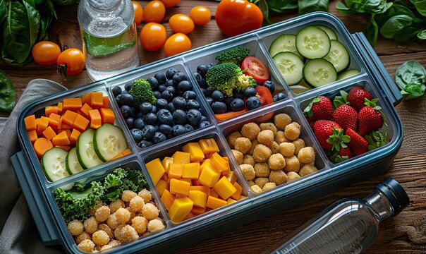 children packed lunch box,balanced diet food,bottle of water on wooden table top view flat lay