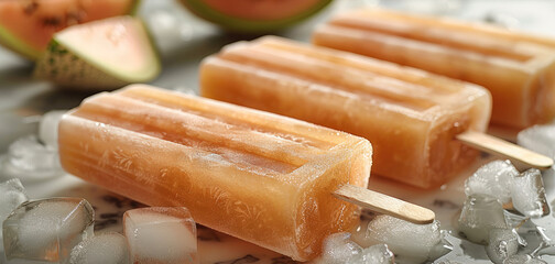Cool down with delicious melon popsicles set against a pristine white background. Generative AI.