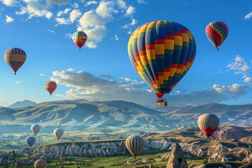 Obraz premium Balloon Tourism, Air Balloons in Sky, Mountain Landscape with Ballooning, Turkey Landscape
