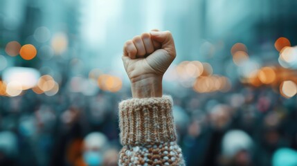 Obraz premium A powerful image capturing the intensity of a protest, with a close-up of a raised fist against a blurred crowd, symbolizing solidarity, resilience, and collective action.