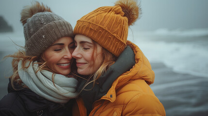 Pride month. Senior mature lesbian couple hug, seaside background