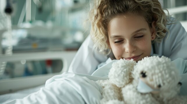 A young child with curly hair holds onto a stuffed toy, smiling peacefully while lying in a hospital bed, representing themes of comfort, innocence, and healing in a serene environment.