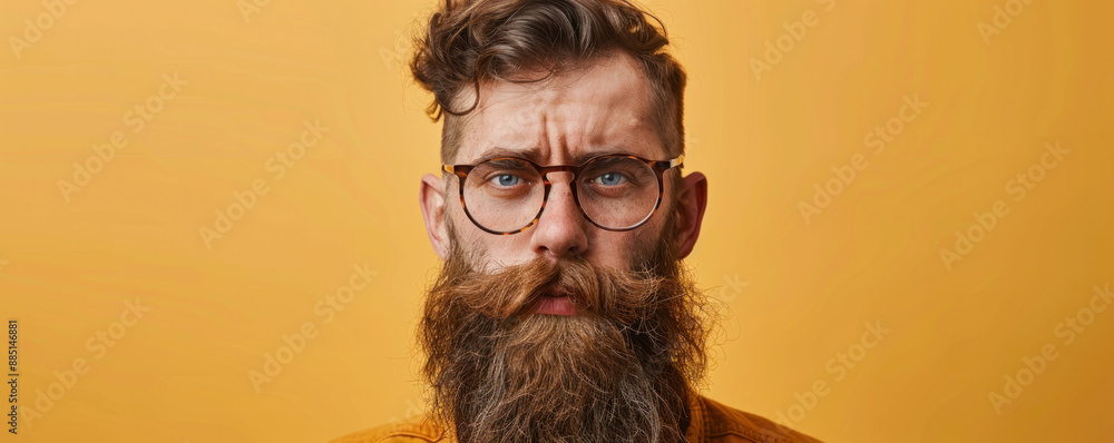 Poster a man with a beard and glasses is staring at the camera. concept of curiosity and introspection