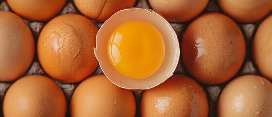 Detailed close-up of fresh brown eggs with one cracked open, showcasing a vibrant egg yolk, highlighting freshness and quality.