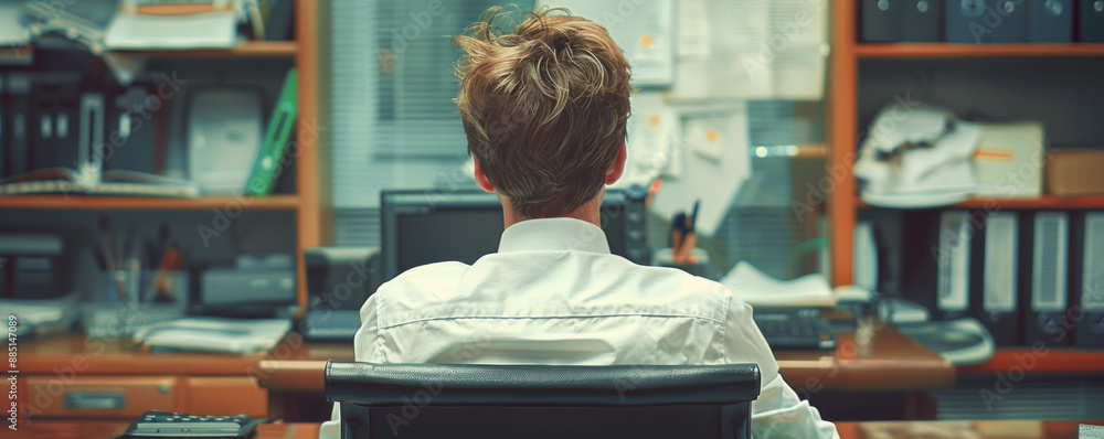 Poster a man is sitting at a desk with a computer and a keyboard. he is wearing a white shirt and he is foc