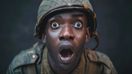 Obraz premium Portrait of shocked expression army black man, professional costume at war background